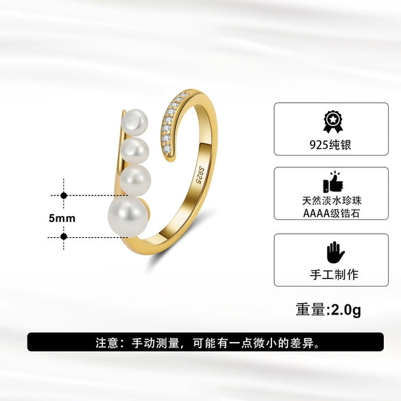 Wholesale Ring S925 Sterling Silver Natural Freshwater Pearl French Retro Geometric Adjustable