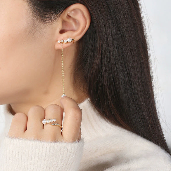 Wholesale Ring S925 Sterling Silver Natural Freshwater Pearl French Retro Geometric Adjustable