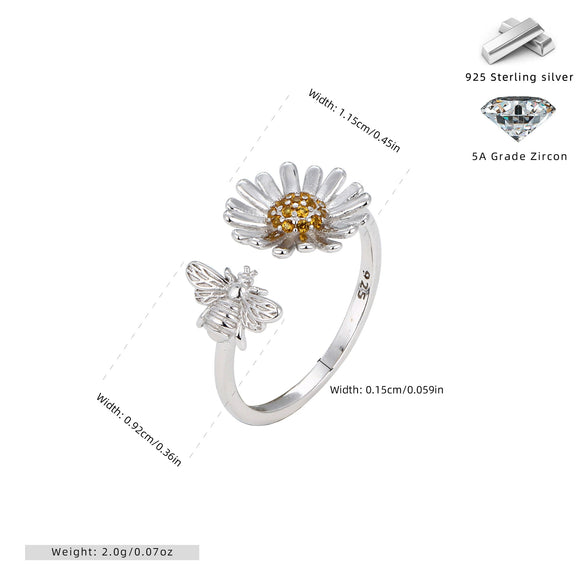 Wholesale Ring S925 Sterling Silver Sunflower Bee Zircon Inlaid Creative Design