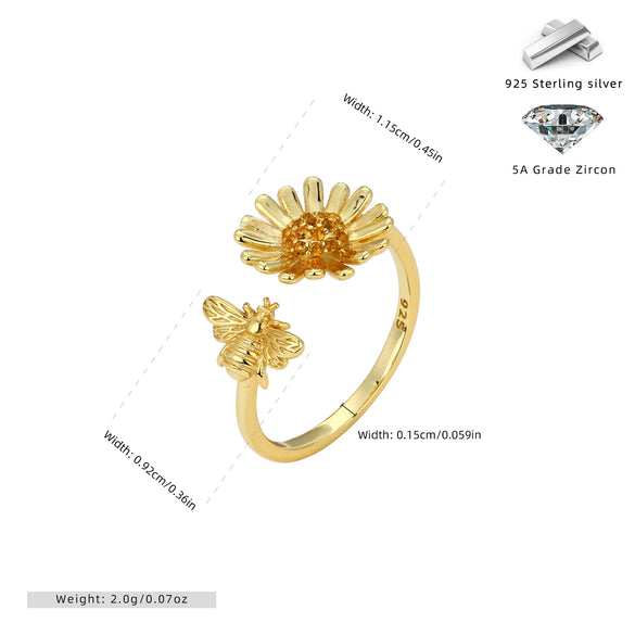 Wholesale Ring S925 Sterling Silver Sunflower Bee Zircon Inlaid Creative Design