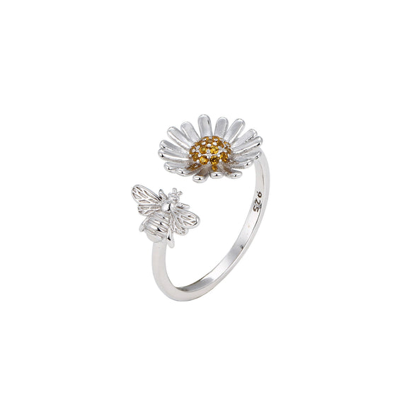 Wholesale Ring S925 Sterling Silver Sunflower Bee Zircon Inlaid Creative Design