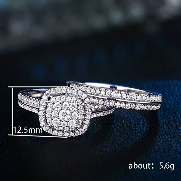 Wholesale Ring Set Luxury Couple Style Copper Plated White Gold Geometric Inlaid Zircon Jewelry