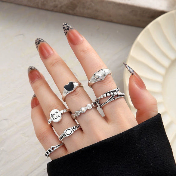 Wholesale Ring Set Retro Style Alloy Heart Shape Black Drip Glaze Zircon Electroplating