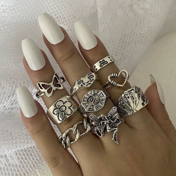 Wholesale Ring Set Retro Style Alloy Heart Shape Black Drip Glaze Zircon Electroplating