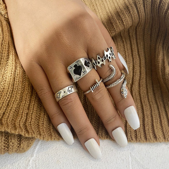 Wholesale Ring Set Retro Style Alloy Heart Shape Black Drip Glaze Zircon Electroplating