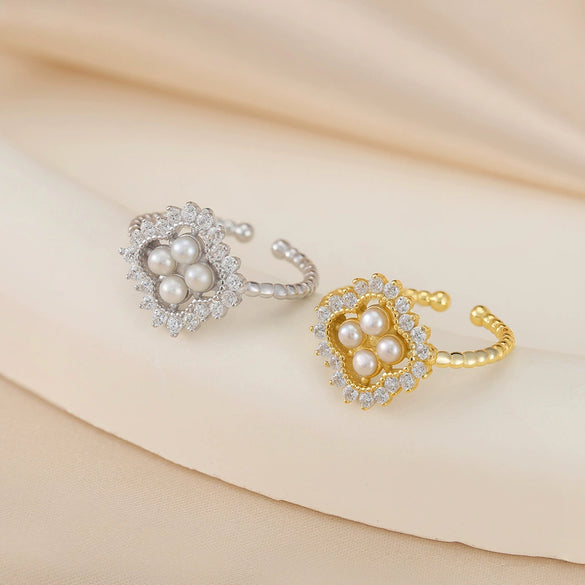 Wholesale Ring 925 Silver Pearl Zirconia Four Leaf Clover Vintage Mid Century Style Electroplated For Women