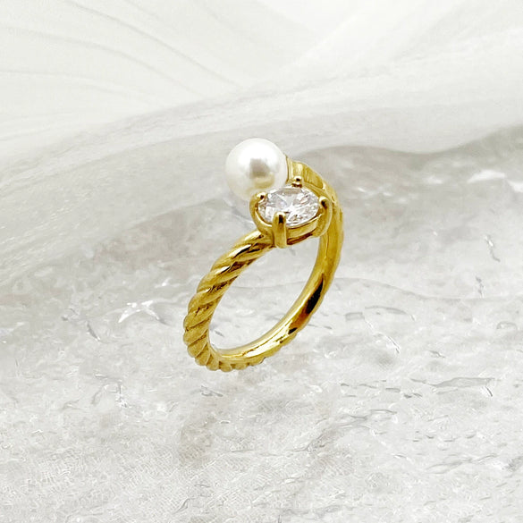 Wholesale Ring Square Zircon Pearl Double Headed Open Titanium Steel French Retro Electroplated