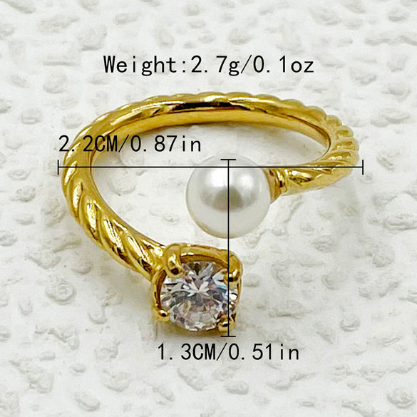 Wholesale Ring Square Zircon Pearl Double Headed Open Titanium Steel French Retro Electroplated