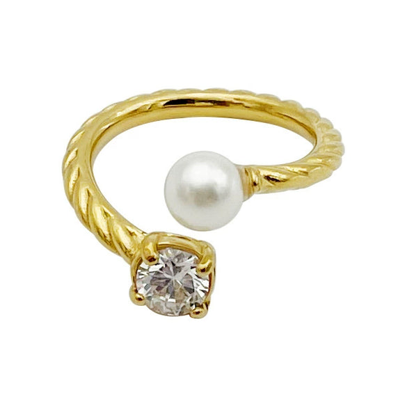 Wholesale Ring Square Zircon Pearl Double Headed Open Titanium Steel French Retro Electroplated