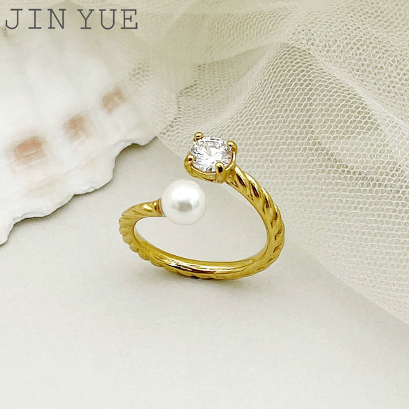 Wholesale Ring Square Zircon Pearl Double Headed Open Titanium Steel French Retro Electroplated