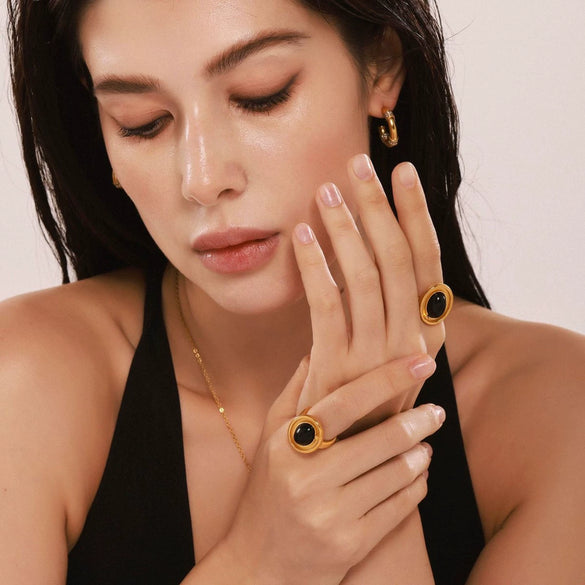 Wholesale Ring Stainless Steel Black Agate Geometric Light Luxury Electroplating
