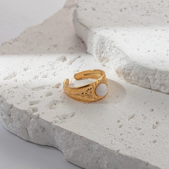 Wholesale Ring Stainless Steel Embossed Real Gold Plated Natural Stone Open Fashion Geometric