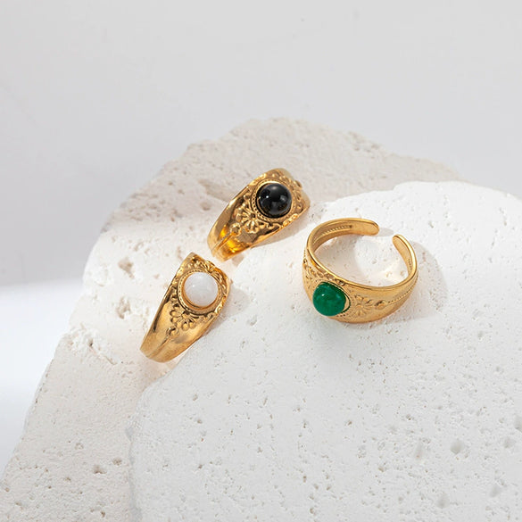 Wholesale Ring Stainless Steel Embossed Real Gold Plated Natural Stone Open Fashion Geometric