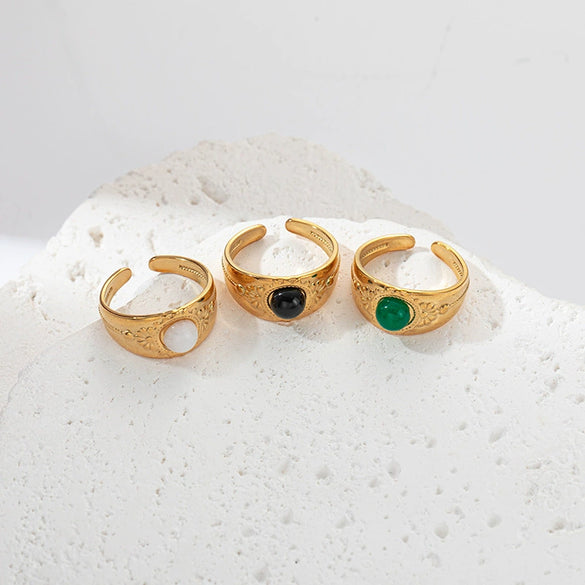 Wholesale Ring Stainless Steel Embossed Real Gold Plated Natural Stone Open Fashion Geometric
