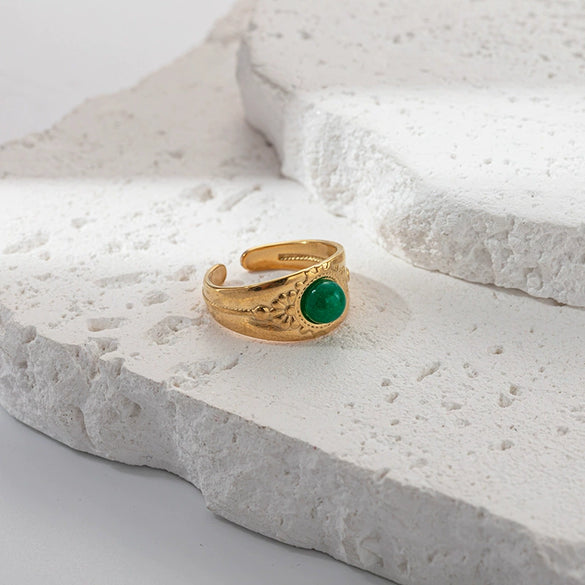 Wholesale Ring Stainless Steel Embossed Real Gold Plated Natural Stone Open Fashion Geometric