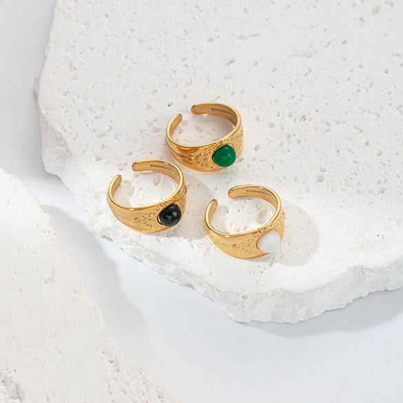 Wholesale Ring Stainless Steel Embossed Real Gold Plated Natural Stone Open Fashion Geometric