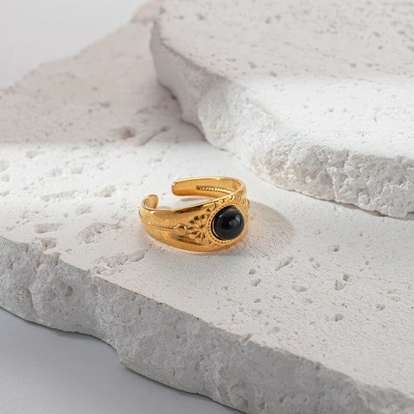 Wholesale Ring Stainless Steel Embossed Real Gold Plated Natural Stone Open Fashion Geometric