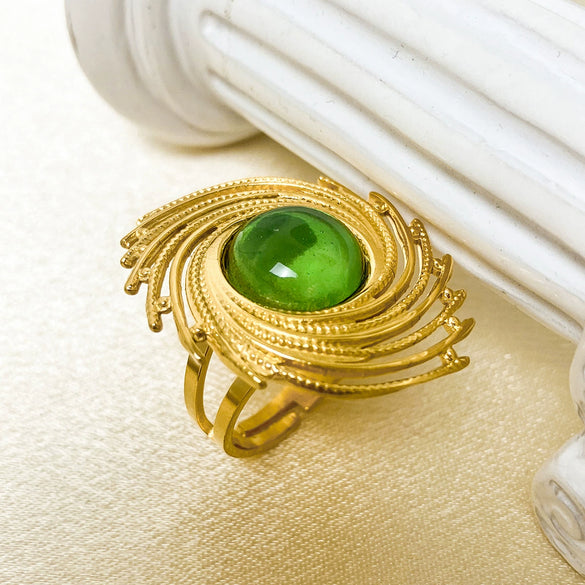Wholesale Ring Stainless Steel Emerald Inlaid Spiral Vortex Retro Gear Style Electroplated
