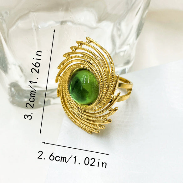 Wholesale Ring Stainless Steel Emerald Inlaid Spiral Vortex Retro Gear Style Electroplated