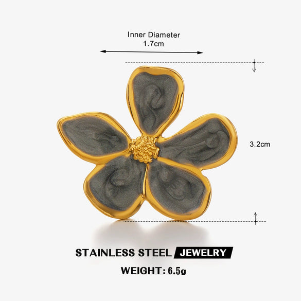 Wholesale Ring Stainless Steel Flower Black And White Enamel Electroplated For Women Retro Style