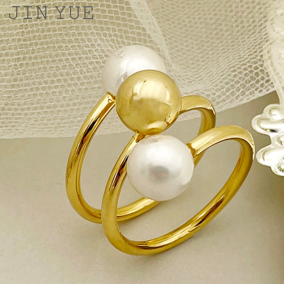 Wholesale Ring Stainless Steel French Retro Elegant Multilayer Freshwater Pearl Gold Bead Electroplated
