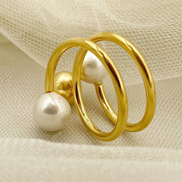 Wholesale Ring Stainless Steel French Retro Elegant Multilayer Freshwater Pearl Gold Bead Electroplated