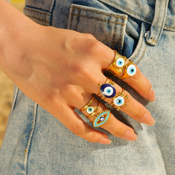 Wholesale Ring Stainless Steel Geometric Evil Blue Eye Retro Electroplating For Women
