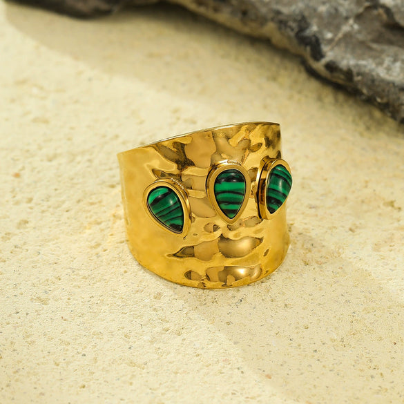 Wholesale Ring Stainless Steel Geometric French Retro Pleated Texture Inlaid With Natural Stone Electroplating For Women