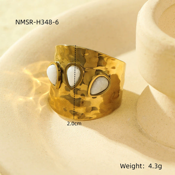 Wholesale Ring Stainless Steel Geometric French Retro Pleated Texture Inlaid With Natural Stone Electroplating For Women