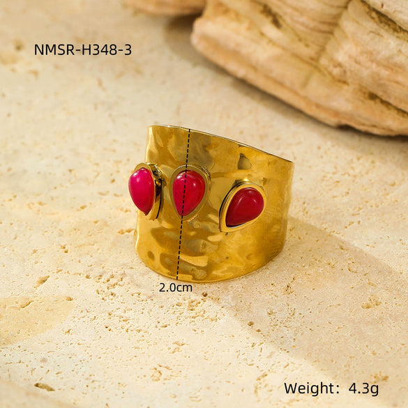 Wholesale Ring Stainless Steel Geometric French Retro Pleated Texture Inlaid With Natural Stone Electroplating For Women