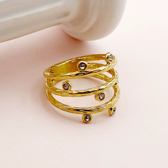 Wholesale Ring Stainless Steel Geometric Lines Vacuum Plated Gold Inlaid Zircon For Women