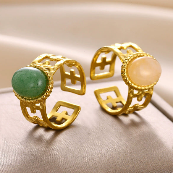 Wholesale Ring Stainless Steel Geometric Natural Stone Electroplated 18K Gold Unisex Women's