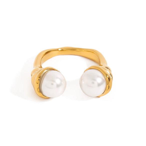 Wholesale Ring Stainless Steel Geometric Pearl Inlay Hammered Simple Fashion Jewelry