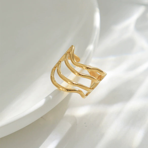Wholesale Ring Stainless Steel Gold Plated Geometric Fashion High End Niche Wave Hollow Opening Unisex Jewelry
