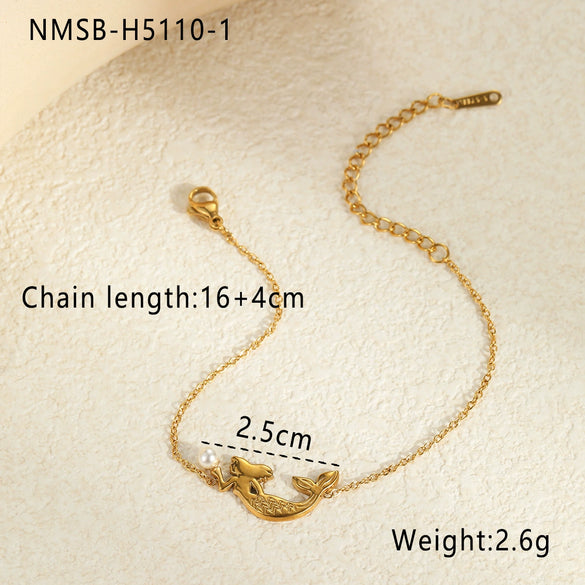 Wholesale Ring Stainless Steel Goldplated Ocean Style Mermaid Pearl Geometric Open Hand Jewelry