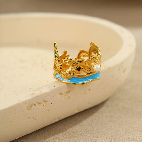 Wholesale Ring Stainless Steel Goldplated Ocean Style Mermaid Pearl Geometric Open Hand Jewelry