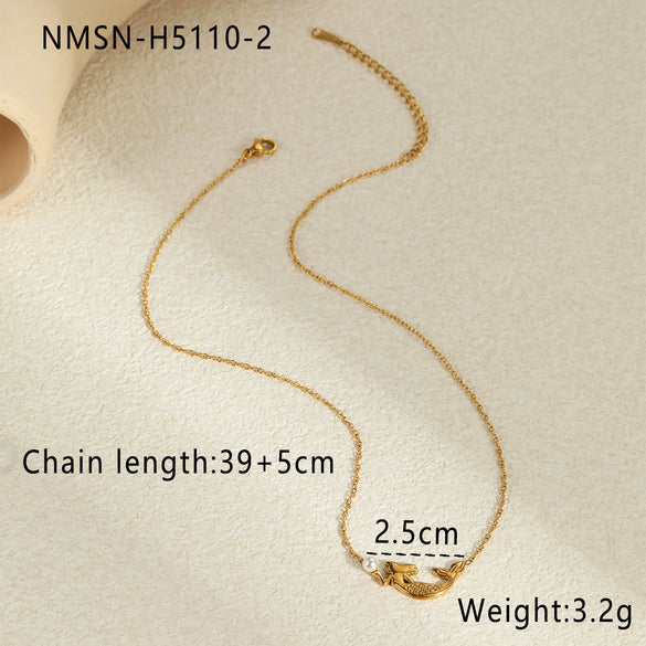 Wholesale Ring Stainless Steel Goldplated Ocean Style Mermaid Pearl Geometric Open Hand Jewelry
