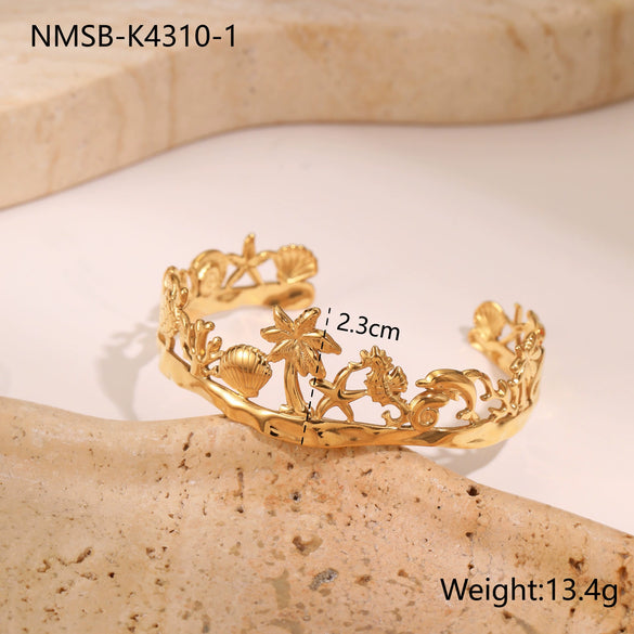 Wholesale Ring Stainless Steel Goldplated Ocean Style Mermaid Pearl Geometric Open Hand Jewelry