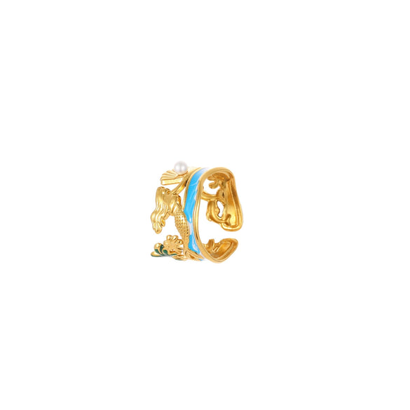 Wholesale Ring Stainless Steel Goldplated Ocean Style Mermaid Pearl Geometric Open Hand Jewelry