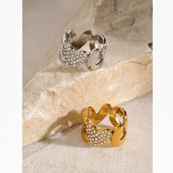 Wholesale Ring Stainless Steel Heart Shaped Love Letter Inlaid With Rhinestones Electroplated