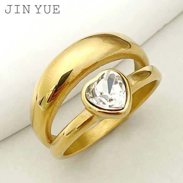 Wholesale Ring Stainless Steel Heartshaped Zircon Inlaid Doublelayer Electroplated French Retro Style For Women