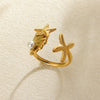 Wholesale Ring Stainless Steel Imitation Pearl Butterfly Hollow Electroplated Heart Shape Cartoon Characters French Retro Style