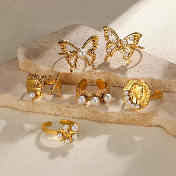 Wholesale Ring Stainless Steel Imitation Pearl Butterfly Hollow Electroplated Heart Shape Cartoon Characters French Retro Style