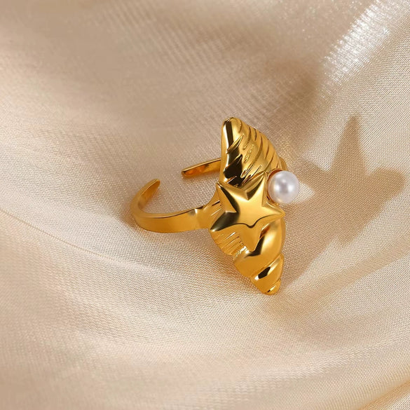 Wholesale Ring Stainless Steel Imitation Pearl French Retro Heart Shape Bow Tie Electroplated