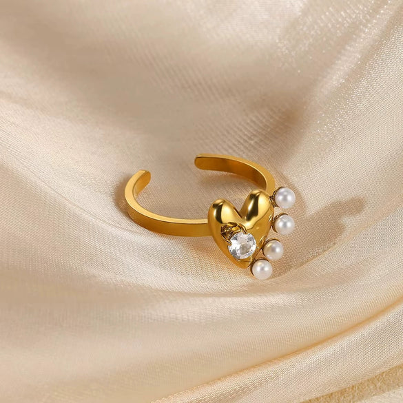 Wholesale Ring Stainless Steel Imitation Pearl French Retro Heart Shape Bow Tie Electroplated