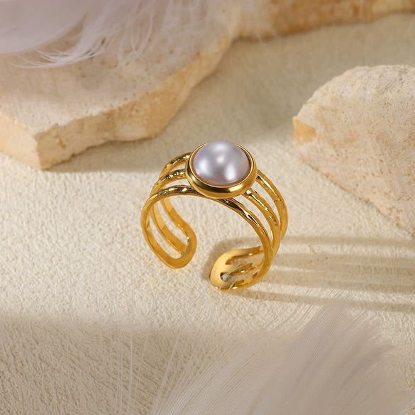 Wholesale Ring Stainless Steel Imitation Pearl Geometric Baroque Style Electroplating For Women