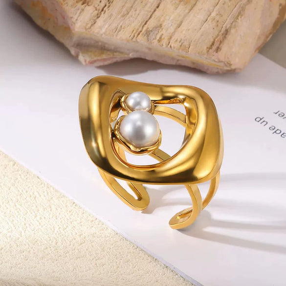 Wholesale Ring Stainless Steel Imitation Pearl Geometric Rococo Style Electroplated