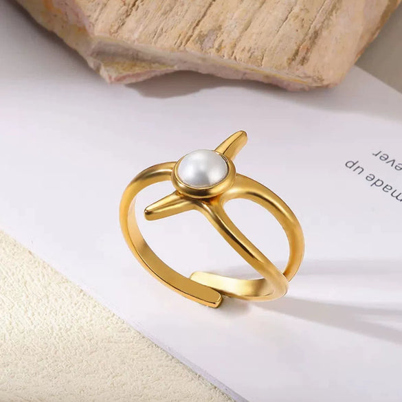Wholesale Ring Stainless Steel Imitation Pearl Geometric Rococo Style Electroplated