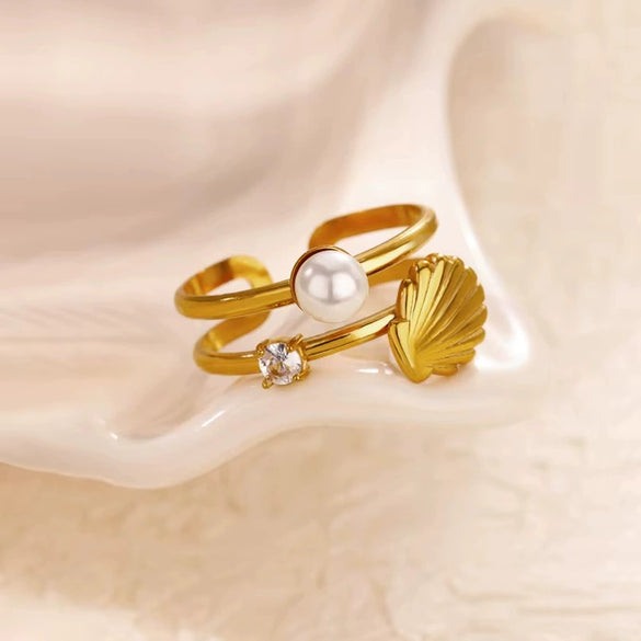 Wholesale Ring Stainless Steel Imitation Pearl Shell Geometric Electroplated Metallic Exaggerated