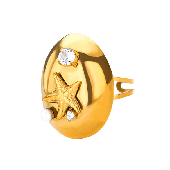 Wholesale Ring Stainless Steel Imitation Pearl Shell Geometric Electroplated Metallic Exaggerated